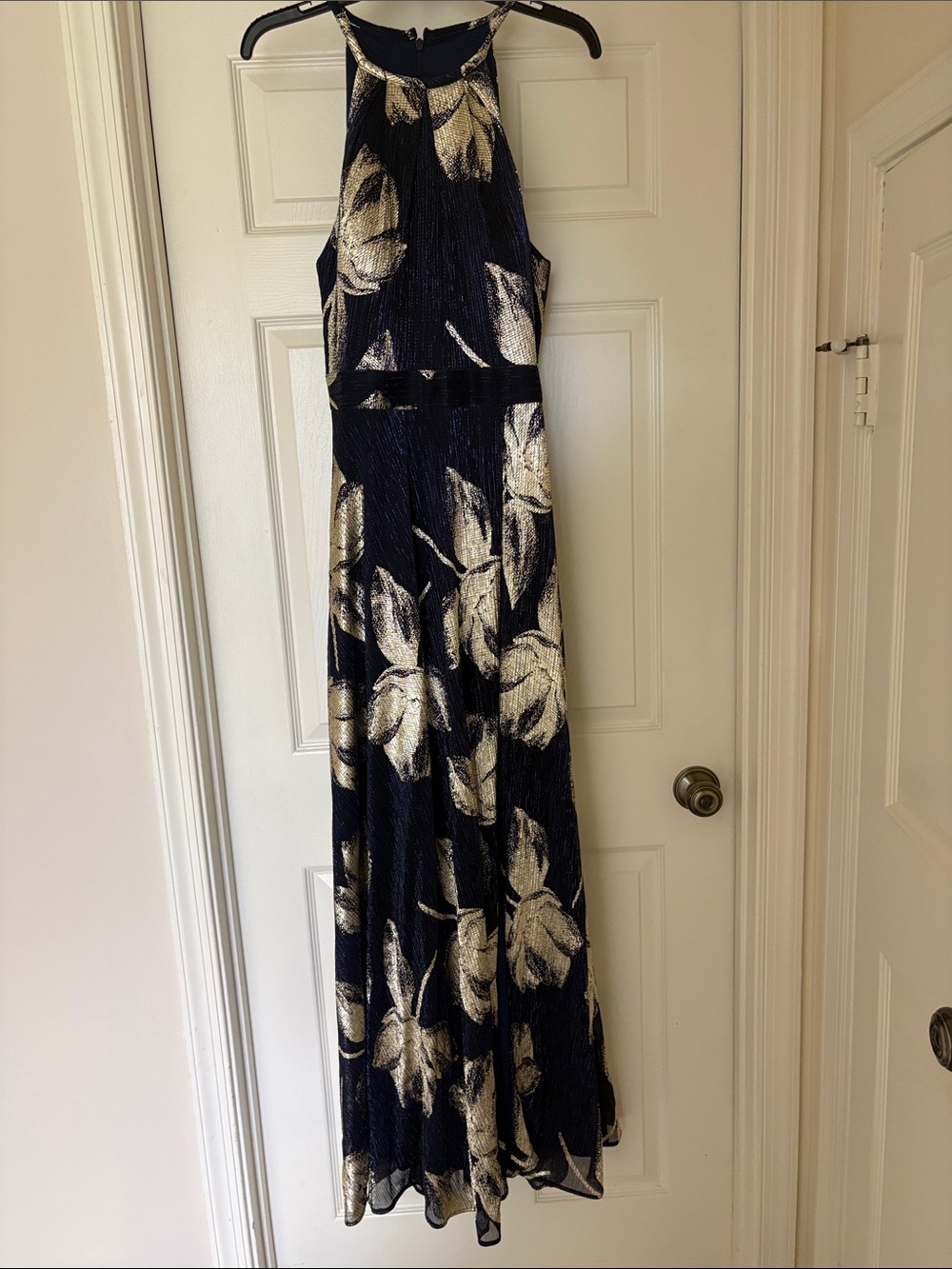 Aqua Formal Navy and Gold Halter Maxi Dress